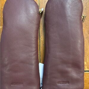Women's Burgandy and taupe shearling  Leather Mittens